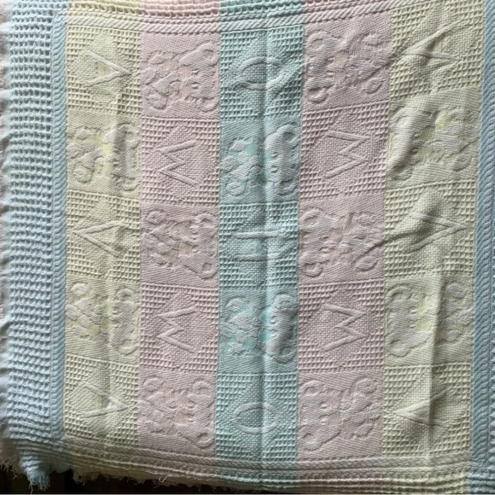 Vintage Baby Blanket‎ Pride N Joy Pastel Waffle Fringe  Bears Letters 34x34 90s